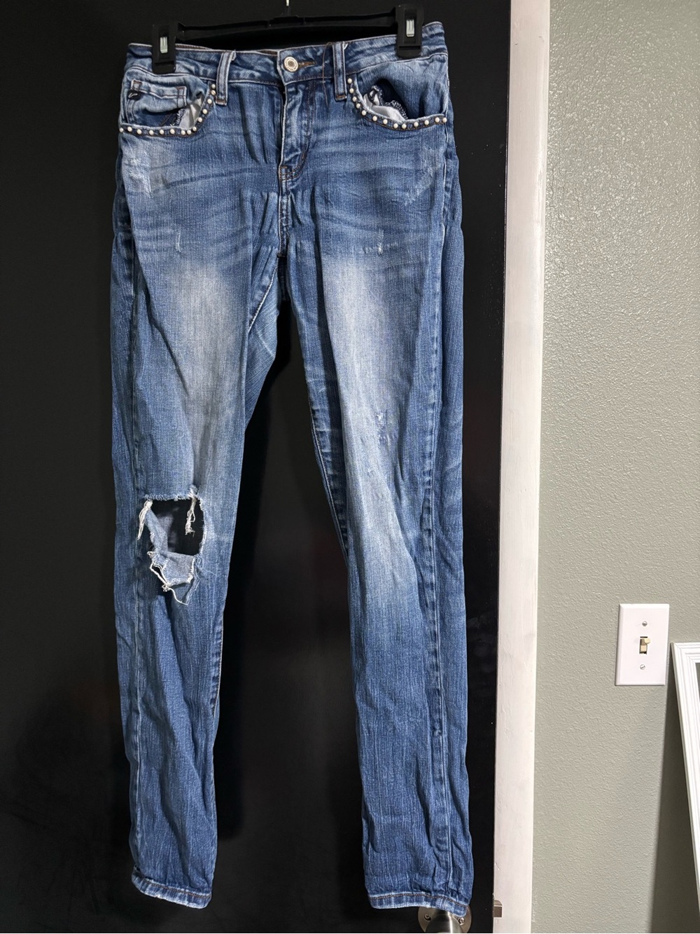 KanCan Blue Distressed Skinny Jeans with Studded Pockets